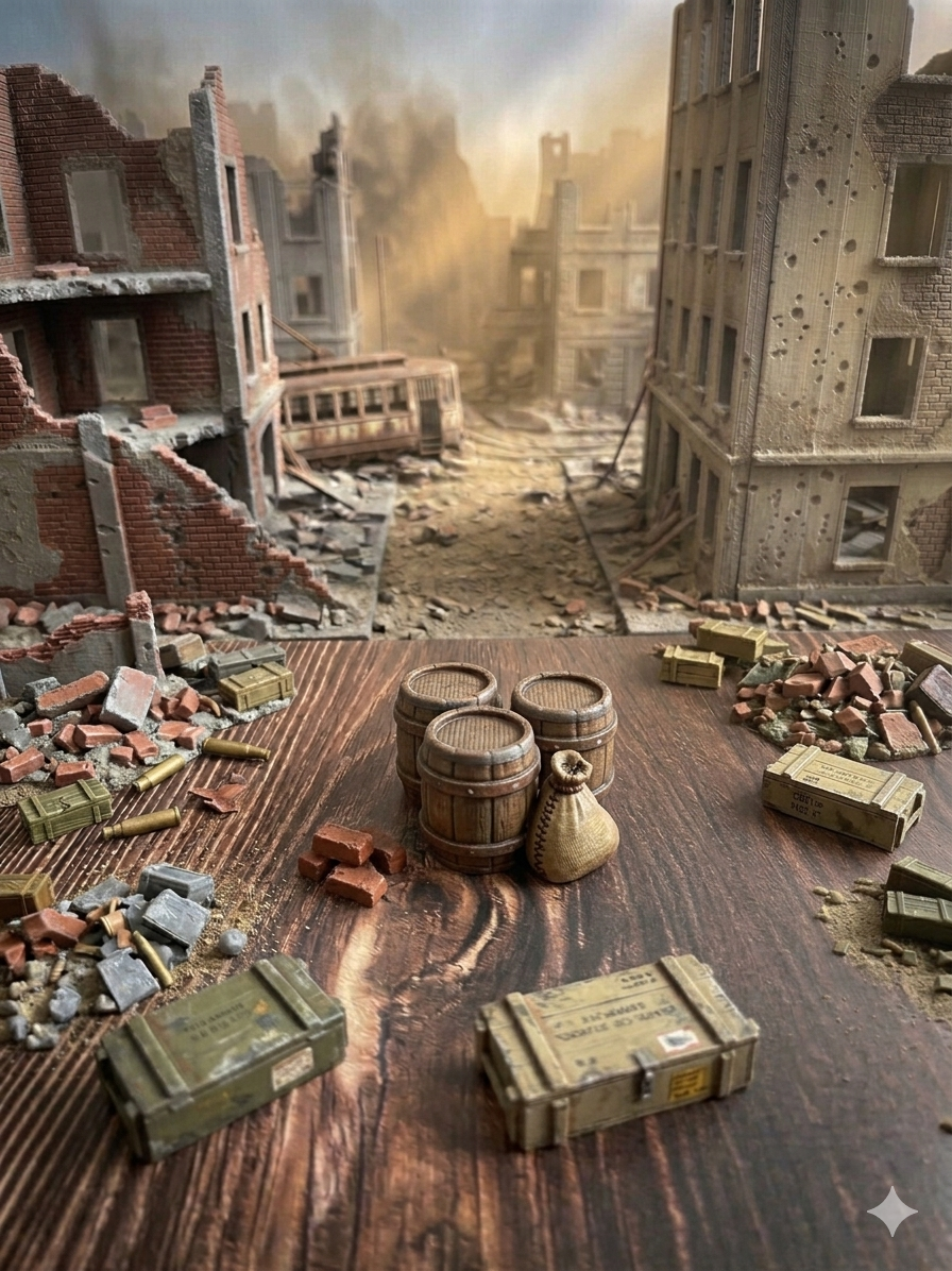 Fässer mit Sack und Kiste