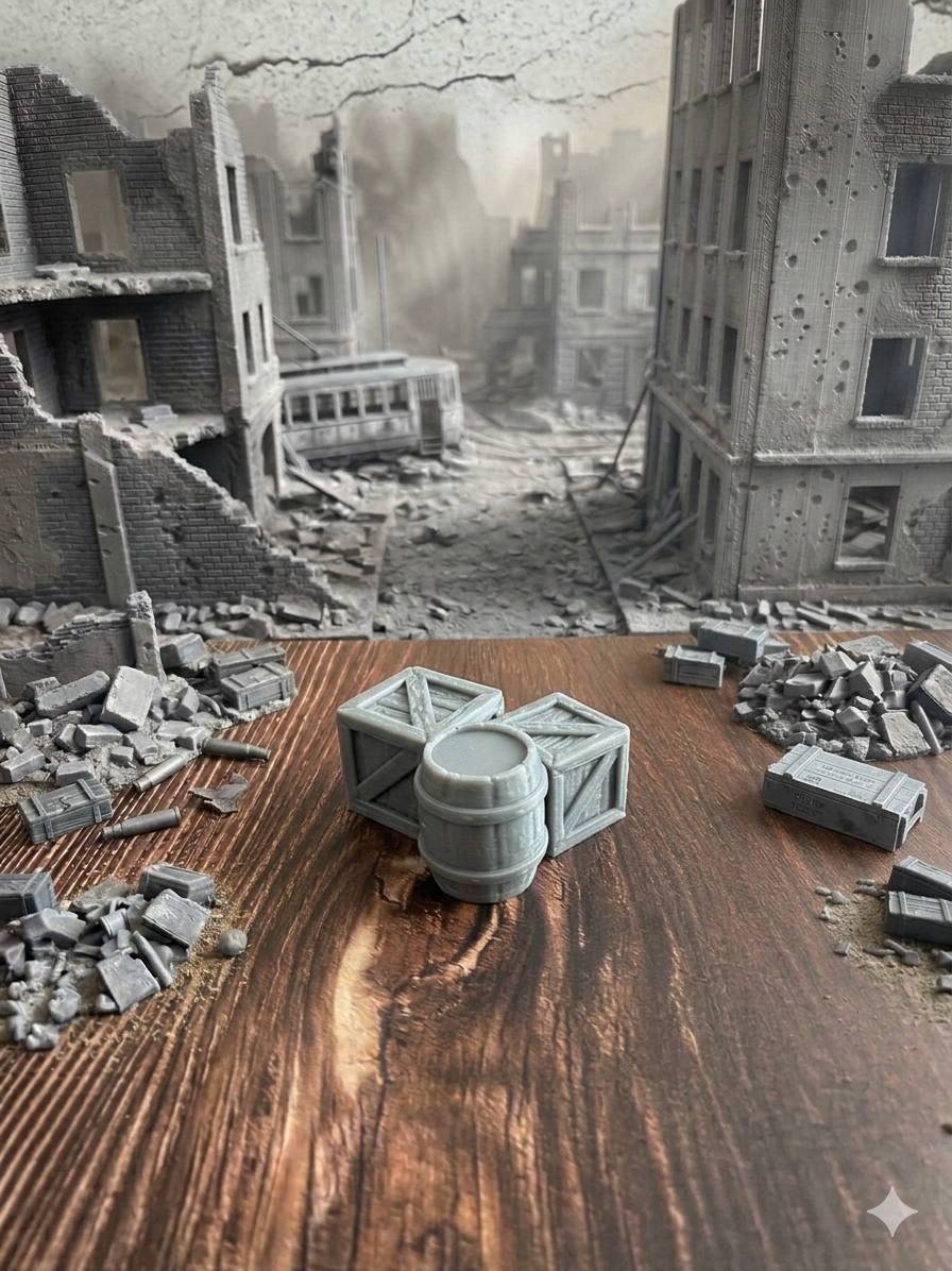 Holzkisten-Stapel mit Fass