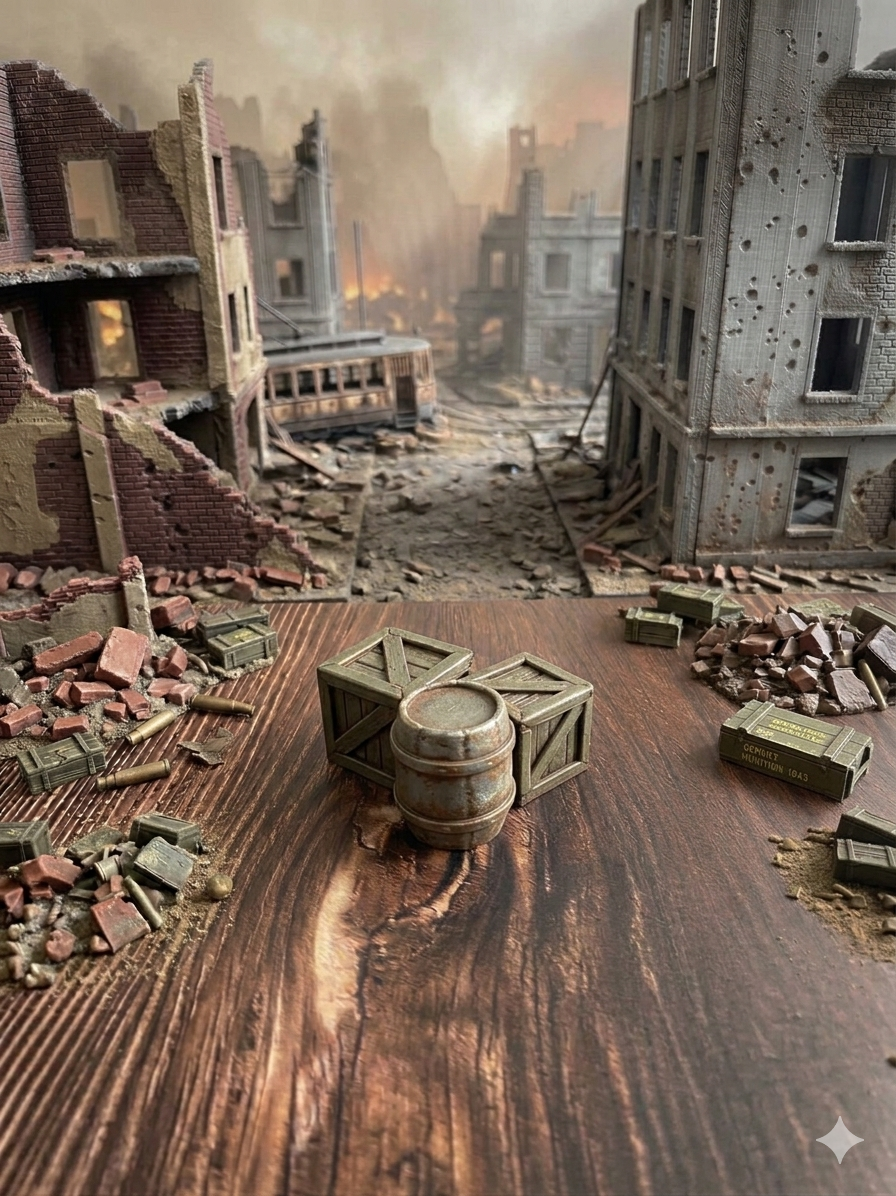 Holzkisten-Stapel mit Fass